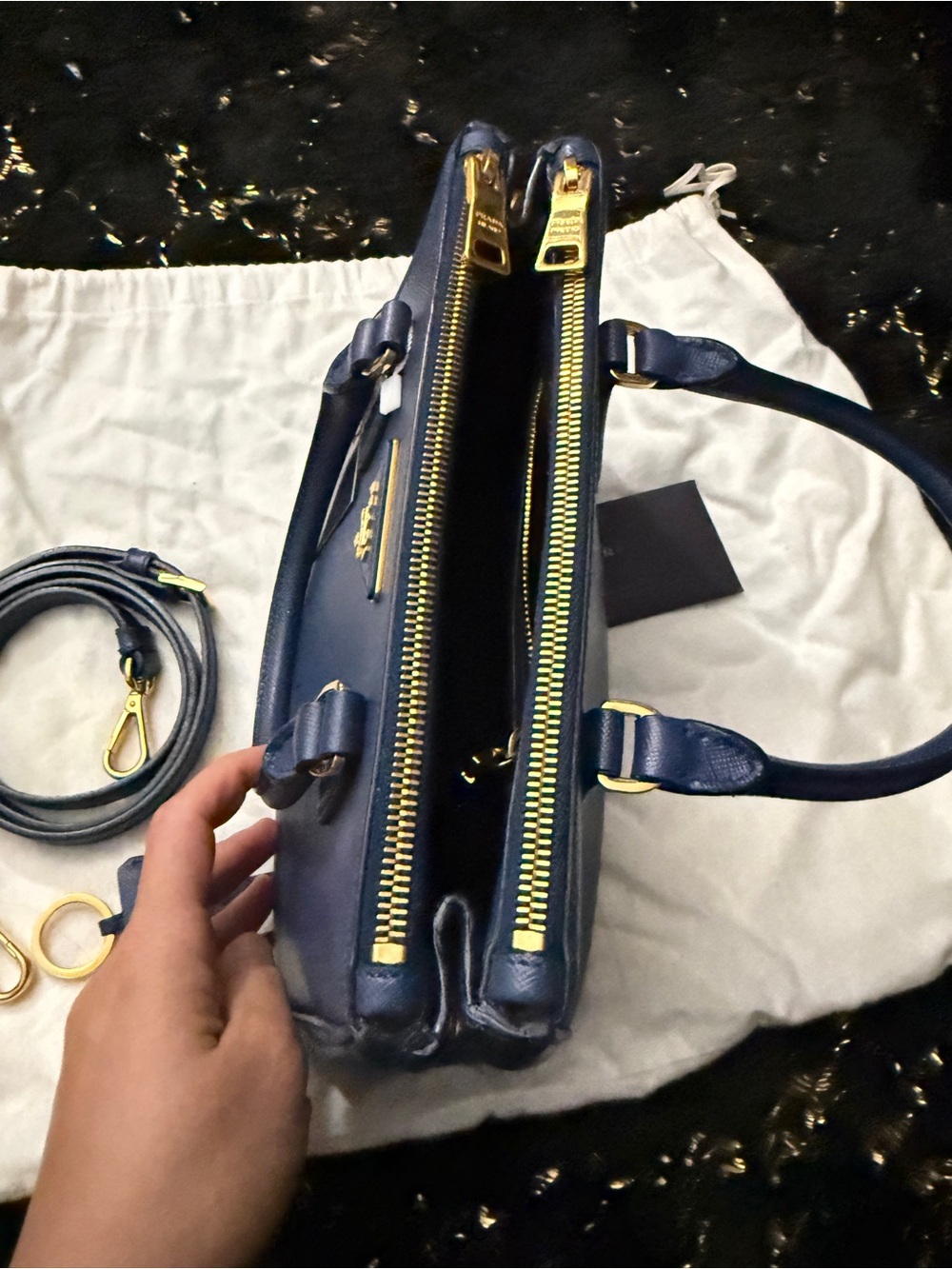Prada Navy Saffiano Leather Double-Handle Satchel with Gold Hardware - Picture 6 of 16